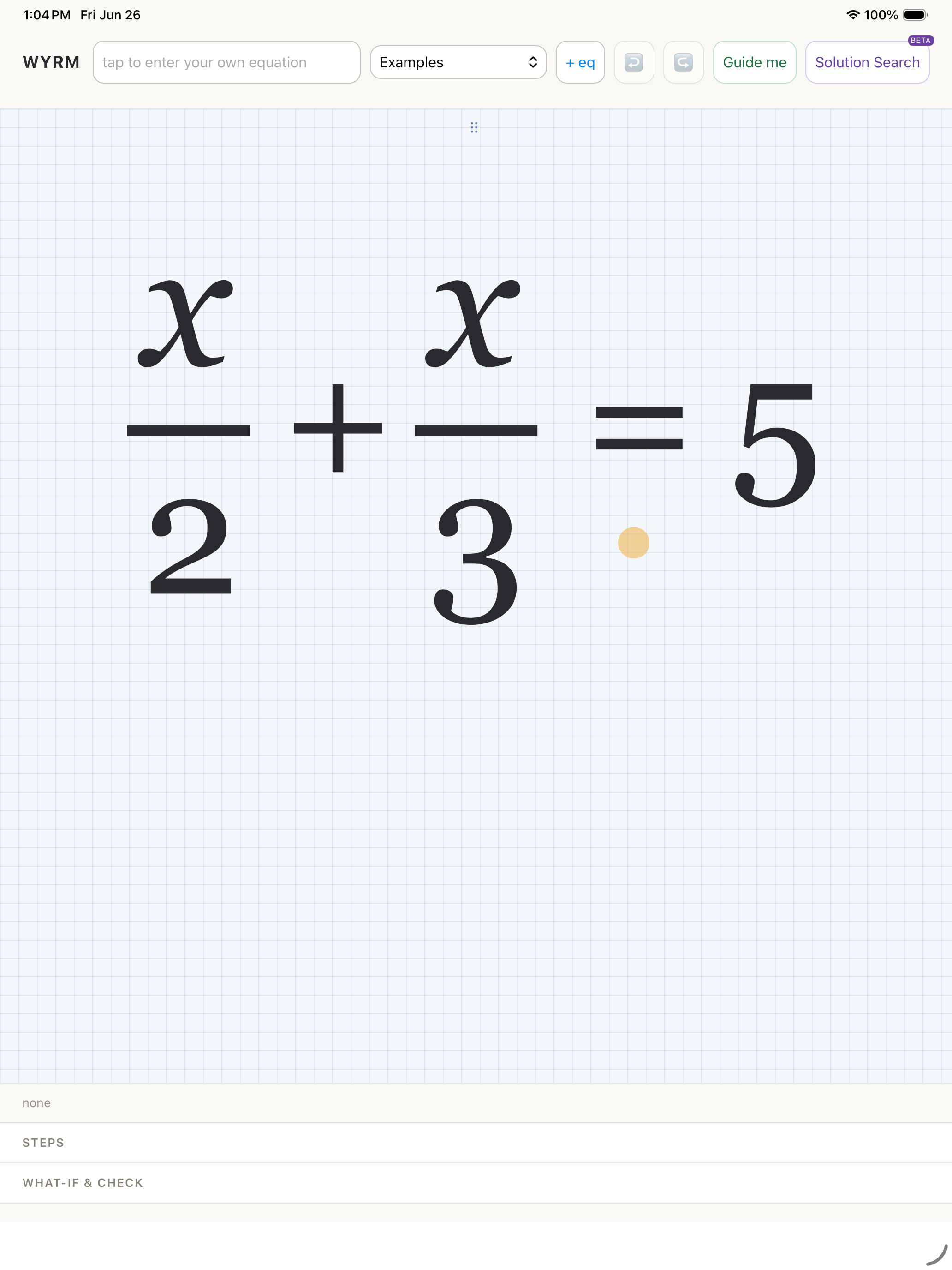 A fraction equation, x/2 + x/3 = 5
